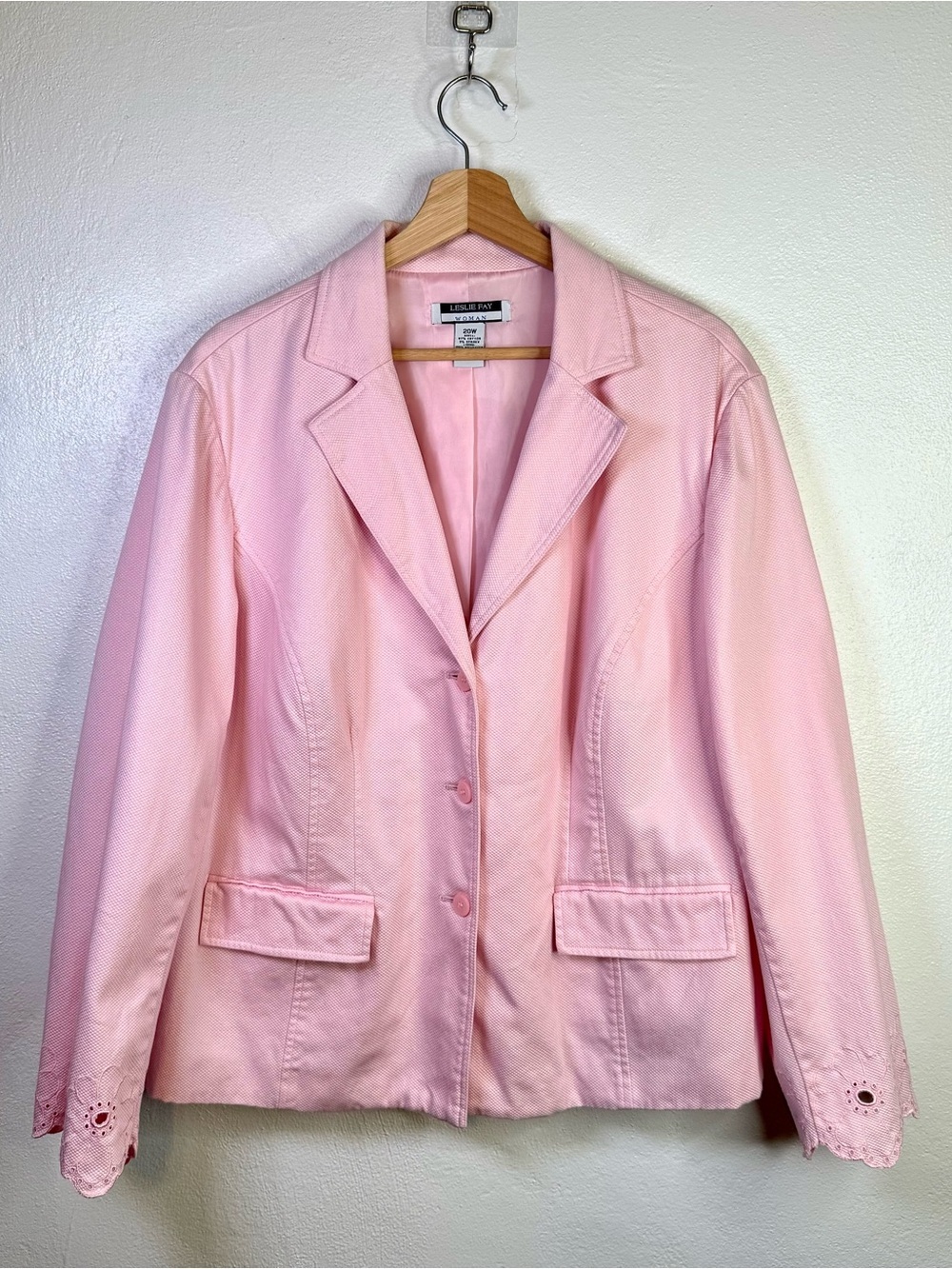 Vintage Leslie Fay Pink Single Breasted Cotton Eyelet Blazer Jacket Size 20W